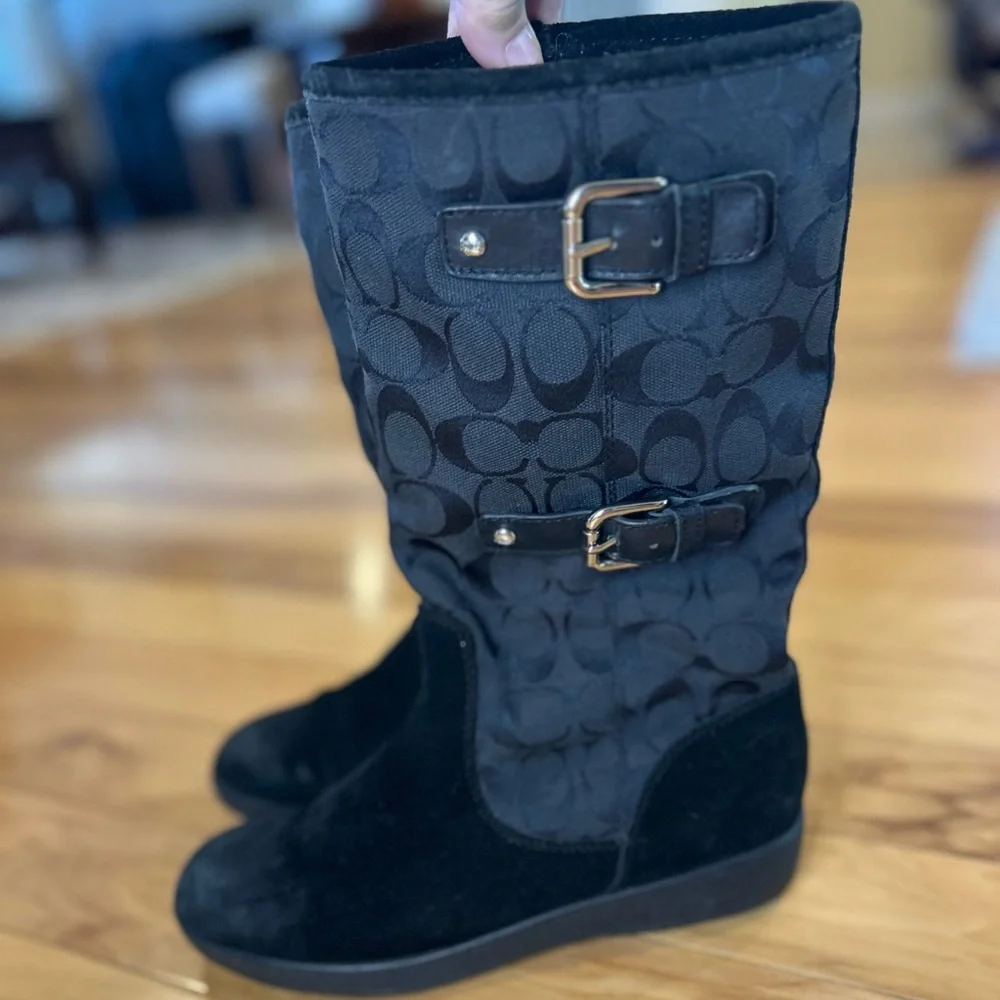 Coach Tinah Black Signature Suede Buckle Boots Mid-Calf Winter Lined 7B